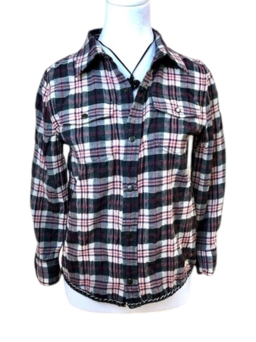 Gryphon NY Shirt Plaid Wool Black Chain Hem (S)